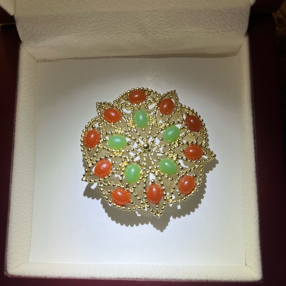 Sarah Coventry Orange & Green Cabochon Brooch - Picture 2 of 12